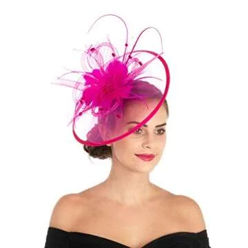 Lucky Leaf Women Girl Fascinators with Hair Clip Hairpin Hat Bowknot Feather Flower Veil Cocktail Wedding Tea Party Hat (8-Fuschia)
