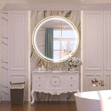 Keonjinn 36 Inch LED Gold Framed Round Mirror for Bathroom with Lights Wall Mounted Vanity Mirror Li...