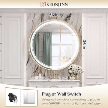 Keonjinn 36 Inch LED Round Mirror Dimmable & Waterproof