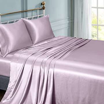 Vonty Satin Sheets Queen Size Silky Soft Satin Bed Sheets Luxury Lavender Satin Sheet Set, 1 Deep Pocket Fitted Sheet + 1 Flat Sheet + 2 Pillowcases