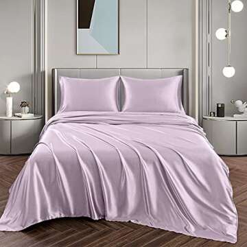 Vonty Satin Sheets Queen Size Silky Soft Satin Bed Sheets Luxury Lavender Satin Sheet Set, 1 Deep Pocket Fitted Sheet + 1 Flat Sheet + 2 Pillowcases
