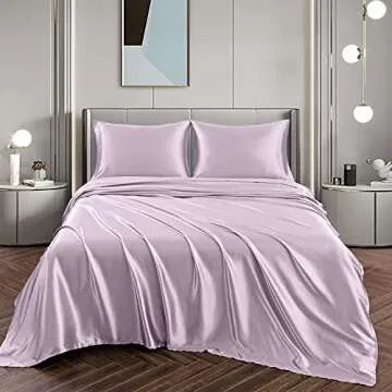 Vonty Satin Sheets Queen Size Silky Soft Satin Bed Sheets Luxury Lavender Satin Sheet Set, 1 Deep Pocket Fitted Sheet + 1 Flat Sheet + 2 Pillowcases