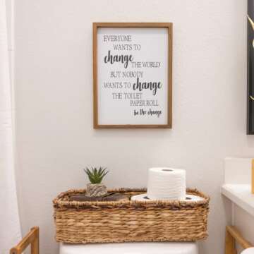 Athena's Sustainable Wooden Bathroom Decor with Humor