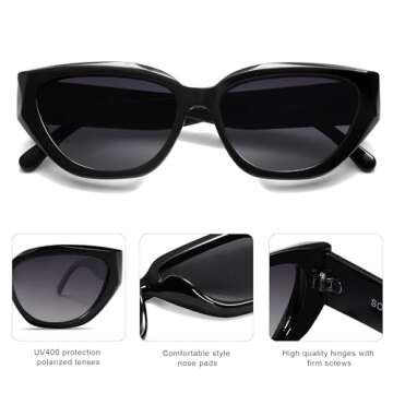 SOJOS Trendy Cute Cat Eye Polarized Sunglasses for Women Fashion Cateye Womens Sunnies SJ2237, Black Frame Grey Grading Lens