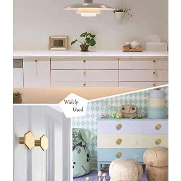 VI·MUSEDA 6 Pcs Solid Brass Gold Knobs,Cabinet Knobs Brushed Hexagon Dresser Knobs Drawer Pulls Knobs and Pulls Handles1.34 Diameter