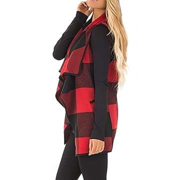 Unidear Womens buffalo Plaid Vest Casual Lapel Open Front Sleeveless Cardigan Jacket Coat Outfits with Pockets Red and Black XXL