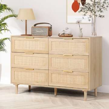 FUQARHY Rattan Dresser for Bedroom, Modern 6 Drawer Double Dresser with Gold Handles, Wood Storage Chest of Drawers fo Bedroom,Living Room,Hallway (Natural)