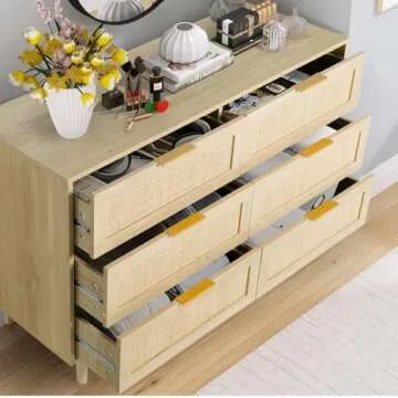 Stylish 6 Drawer Rattan Dresser with Gold Handles