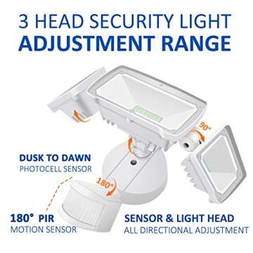 Sonata LED Security Lights, 4000LM Super Bright Motion Sensor Light Outdoor, 42W 6000K, IP65 Waterproof Motion Sensor Flood Light with 3 Adjustable Heads for Entryways, Yard, Garage