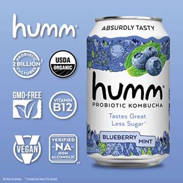 Humm Probiotic Kombucha Best Sellers Variety 12 Pack, Organic, 2 Billion Probiotics for Gut Health, Mango Passionfruit, Blueberry Mint and Strawberry Lemonade