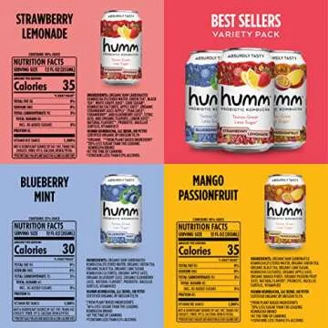 Humm Probiotic Kombucha Best Sellers Variety 12 Pack, Organic, 2 Billion Probiotics for Gut Health, Mango Passionfruit, Blueberry Mint and Strawberry Lemonade