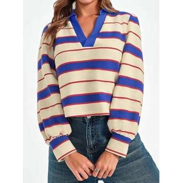 Tankaneo Womens Long Puff Sleeve Tops Dressy Casual V Neck Striped Fall Color Block Shirts Blue