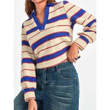 Tankaneo Womens Long Puff Sleeve Tops Dressy Casual V Neck Striped Fall Color Block Shirts Blue