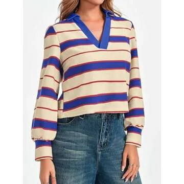 Tankaneo Womens Long Puff Sleeve Tops Dressy Casual V Neck Striped Fall Color Block Shirts Blue
