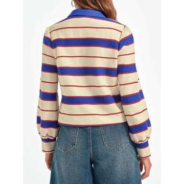 Tankaneo Womens Long Puff Sleeve Tops Dressy Casual V Neck Striped Fall Color Block Shirts Blue