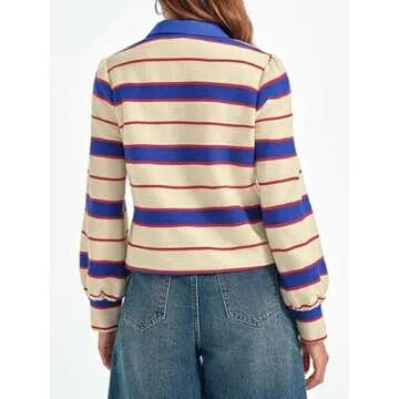 Tankaneo Womens Long Puff Sleeve Tops Dressy Casual V Neck Striped Fall Color Block Shirts Blue