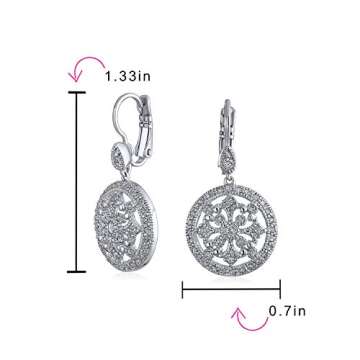 Vintage Style Bridal Sorcerer Shield Circle Round Compass Cubic Zirconia CZ Prom Dangle Earrings Silver Plated Brass