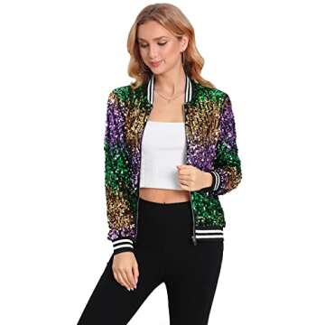 Yutuwomsfushi Womens Sequin Bomber Jackets Mardi Gras Jacket Sparkly Outfit Sequined jacket Glitter Blazer Party Christmas Brilliant Color Large