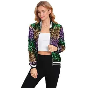 Yutuwomsfushi Womens Sequin Bomber Jackets Mardi Gras Jacket Sparkly Outfit Sequined jacket Glitter Blazer Party Christmas Brilliant Color Large
