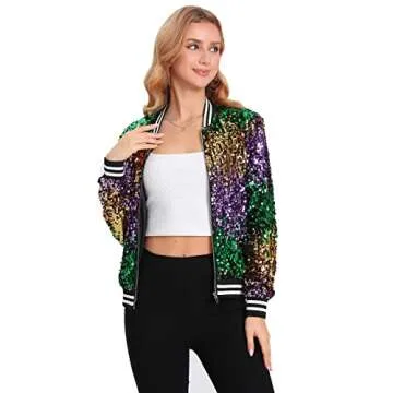 Yutuwomsfushi Womens Sequin Bomber Jackets Mardi Gras Jacket Sparkly Outfit Sequined jacket Glitter Blazer Party Christmas Brilliant Color Large