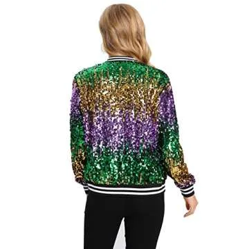 Yutuwomsfushi Womens Sequin Bomber Jackets Mardi Gras Jacket Sparkly Outfit Sequined jacket Glitter Blazer Party Christmas Brilliant Color Large