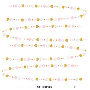 Valentine’s Day Party Decorations Pink and Gold White Love Heart Garland Hanging Paper Streamer fo...