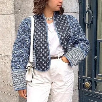 Omoone Women's Cropped Floral Quilted Jacket for Elegant Comfort