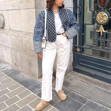 Omoone Women's Cropped Floral Quilted Jacket for Elegant Comfort