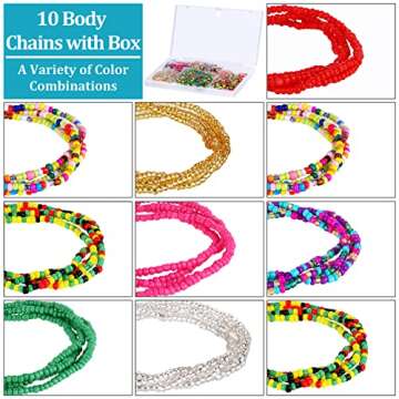 URATOT 10 Pieces Waist Beads Chain with Box Colorful Body Chain Belly Bead Summer Bikini Jewelry for Women, Girl