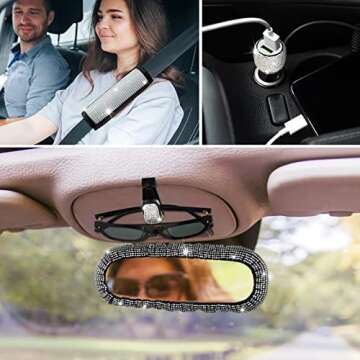 24 PCS Bling Car Accessories Set for Women Bling Steering Wheel Cover Dual USB Car Port Car Phone Mount Holder Rear View Mirror Cover Center Console Cover Rhinestone Seat Belt Pads for Car Decor