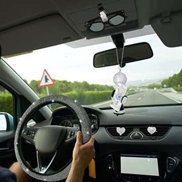 24 PCS Bling Car Accessories Set for Women Bling Steering Wheel Cover Dual USB Car Port Car Phone Mount Holder Rear View Mirror Cover Center Console Cover Rhinestone Seat Belt Pads for Car Decor