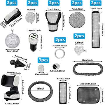 24 PCS Bling Car Accessories Set for Women Bling Steering Wheel Cover Dual USB Car Port Car Phone Mount Holder Rear View Mirror Cover Center Console Cover Rhinestone Seat Belt Pads for Car Decor