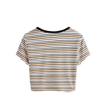DIDK Women's Contrast Neck Rib Knit Striped Crop Tee Top Multicolor XS