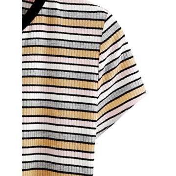 DIDK Women's Contrast Neck Rib Knit Striped Crop Tee Top Multicolor XS