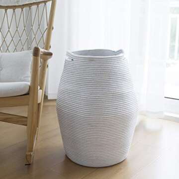 LA JOLIE MUSE Large Cotton Rope Storage Basket Organizer with Handles, Jumbo Laundry Hamper for Living Room Bathroom Bedroom, Tall Woven Basket, 24 Inch, White, Zig Zag Line Patterned
