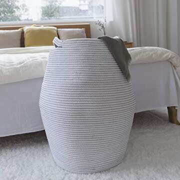 LA JOLIE MUSE Large Cotton Rope Storage Basket Organizer with Handles, Jumbo Laundry Hamper for Living Room Bathroom Bedroom, Tall Woven Basket, 24 Inch, White, Zig Zag Line Patterned