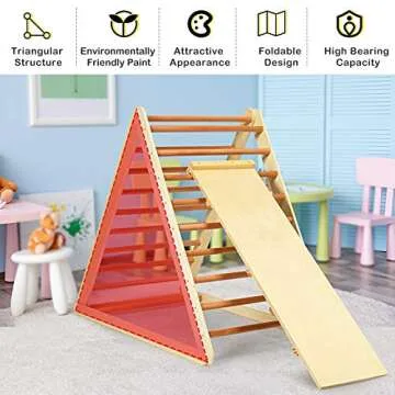 HONEY JOY Triangle Climber with Ramp, 2-in-1 Indoor Toddler Climbing Triangle Set with Ladder & Slide, Foldable Wooden Kids Climbing Toys for Playground, Gym & Daycare, Gift for Boys Girls (Natural)