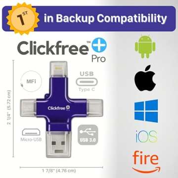 Clickfree™ PRO USB MFi-Certified Photo and Video Saver for iPhone/Android/iPad/Mac, High Speed 4-in-1 Universal Phone Flash Drive-Lightning-USB-Photo Stick-External Storage Thumb Drive (Rose Gold)