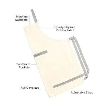 Caraway Apron - 100% Organic Cotton Apron - Features 2 Pockets & Adjustable Neck Strap - Absorbs Liquids & Dissipates Heat With Ease - Machine Washable - One Size - Cream