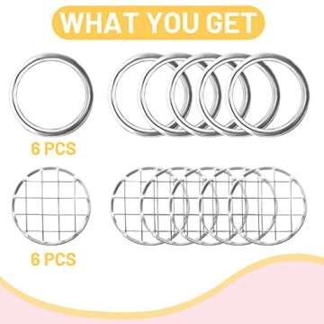 Cinvo Flower Mason Jar Insert Lid Metal Flower Organizer Frog Lid for Regular Mouth Mason Canning Jars Bouquet Easy Flower Arranging(6 Set Rings and Separate Lids)