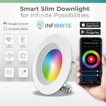 INFIBRITE 5 & 6 Inch Smart Recessed, Color Changing and Tunable White, WiFi Retrofit LED Downlight E26 Base, Compatible with Alexa Google, Dimmable, 1100LM, CRI90, RGBCW, Wet Rated,(IB-004-1-12W-WH)