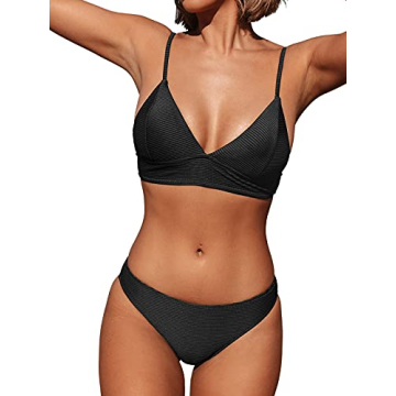 CUPSHE Women's Triangle Bikini Set - Elegant Solid Two Piece Bathing Suit Black