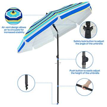Duerer Beach Umbrellas, 7.5FT with Table and Sandbag Beach Umbrella for Sand with Anchor Heavy Duty Windproof, Height Adjustable Tilt Iron Pole, Portable Beach Umbrella with Carrying Bag for Beach