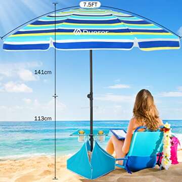 Duerer Beach Umbrellas, 7.5FT with Table and Sandbag Beach Umbrella for Sand with Anchor Heavy Duty Windproof, Height Adjustable Tilt Iron Pole, Portable Beach Umbrella with Carrying Bag for Beach