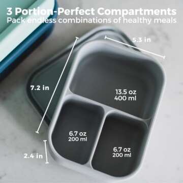 Dreamroo Silicone Bento Box for Kids and Adults- BPA Free, 3 Compartment Lunch Box - Microwave, Dish...