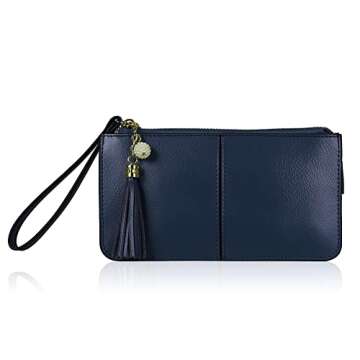befen Leather Wristlet Clutch for Women, Blue Wristlet Wallets Purse with Phone Holder with RFID Blo...