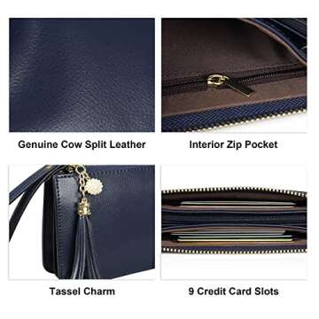 befen Leather Wristlet Clutch for Women, Blue Wristlet Wallets Purse with Phone Holder with RFID Blocking - Navy Blue