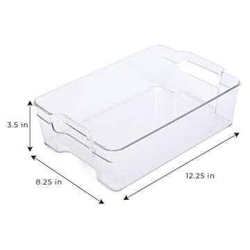 Smart Design Stackable Set of 4 Refrigerator Bins with Handle - 8 x 12 Inch - BPA Free Plastic Resin - Snack Tray, Soda Drawer, Countertop Shelf, Cupboard Box - Kitchen - Clear