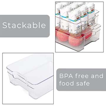 Smart Design Stackable Set of 4 Refrigerator Bins with Handle - 8 x 12 Inch - BPA Free Plastic Resin - Snack Tray, Soda Drawer, Countertop Shelf, Cupboard Box - Kitchen - Clear