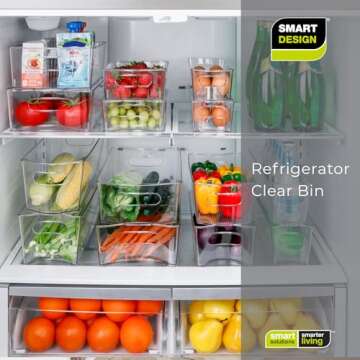 Smart Design Stackable Set of 4 Refrigerator Bins with Handle - 8 x 12 Inch - BPA Free Plastic Resin - Snack Tray, Soda Drawer, Countertop Shelf, Cupboard Box - Kitchen - Clear